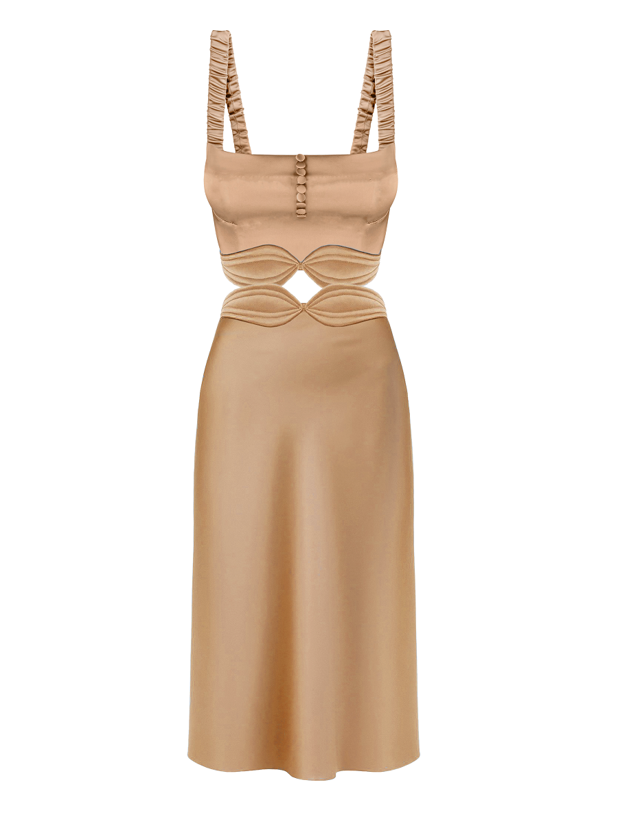 Beige dress with cut-out design on a white background