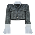 Black and white textured jacket with white shirt underneath on a white background