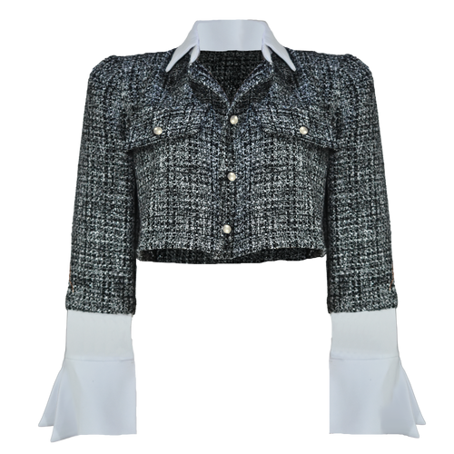 Black and white textured jacket with white shirt underneath on a white background