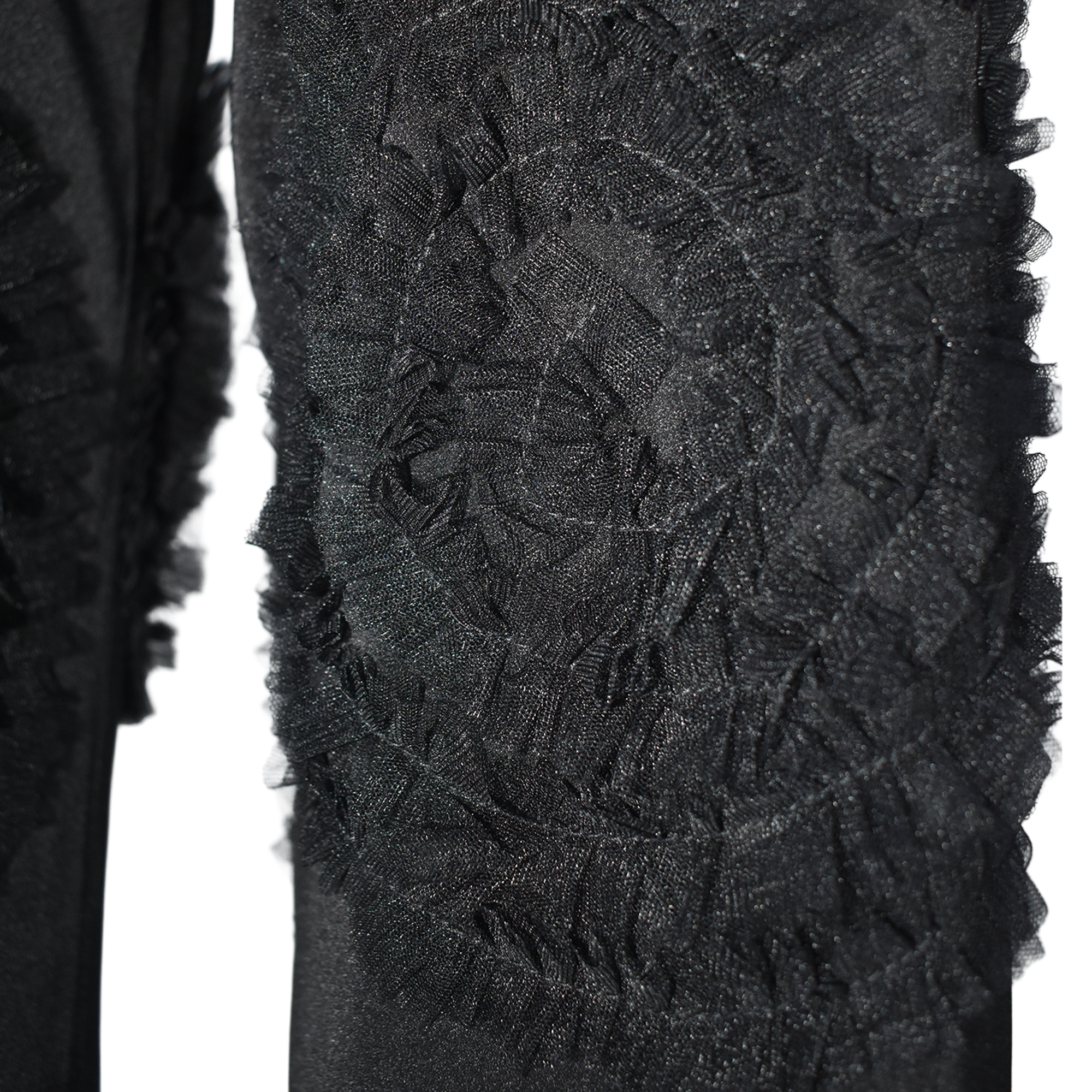 Close-up of a textured black fabric with intricate patterns on a white background