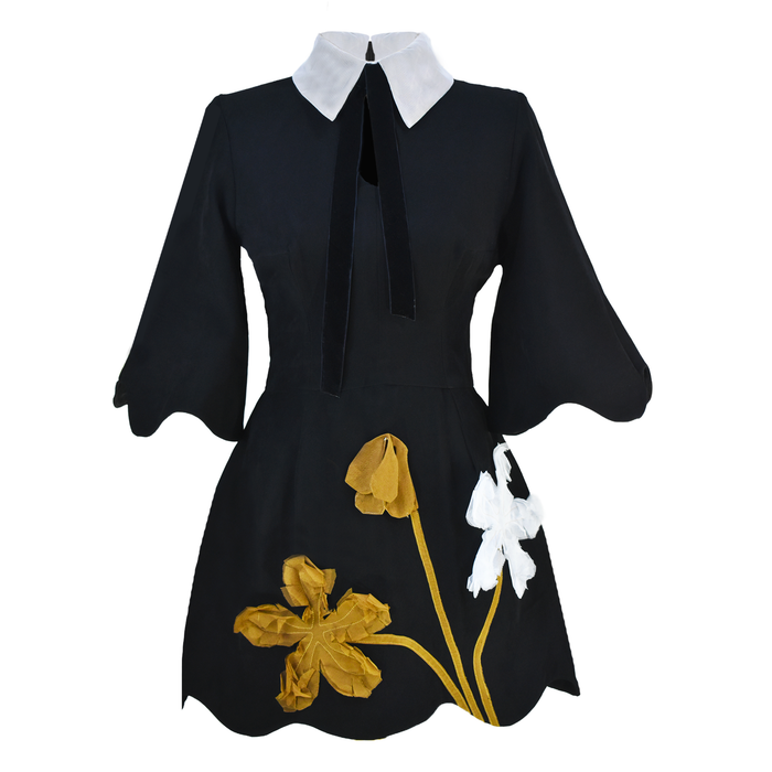 Black dress with floral embroidery on a white background