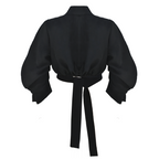 Black blouse with wide sleeves and a tie waist on a white background