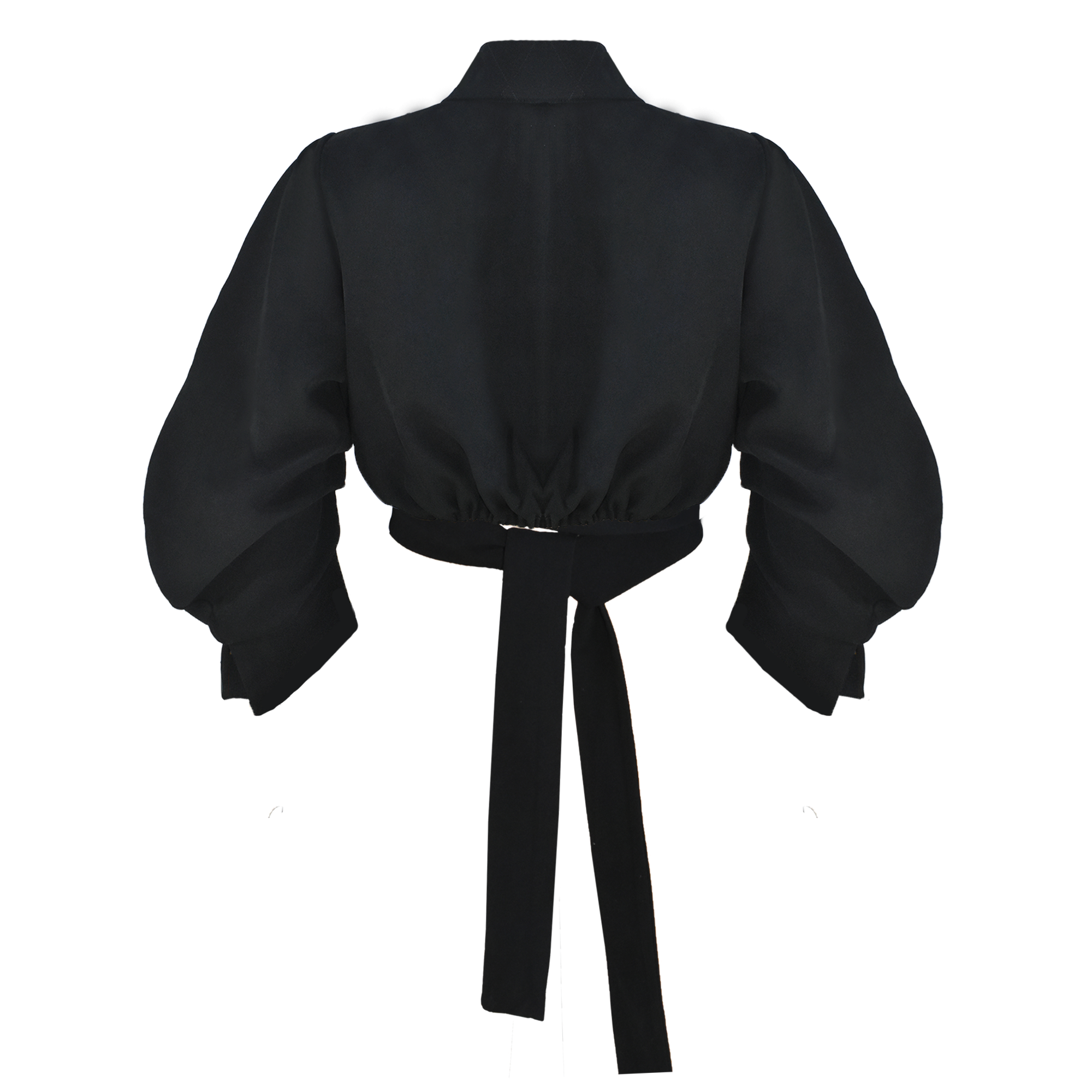 Black blouse with wide sleeves and a tie waist on a white background