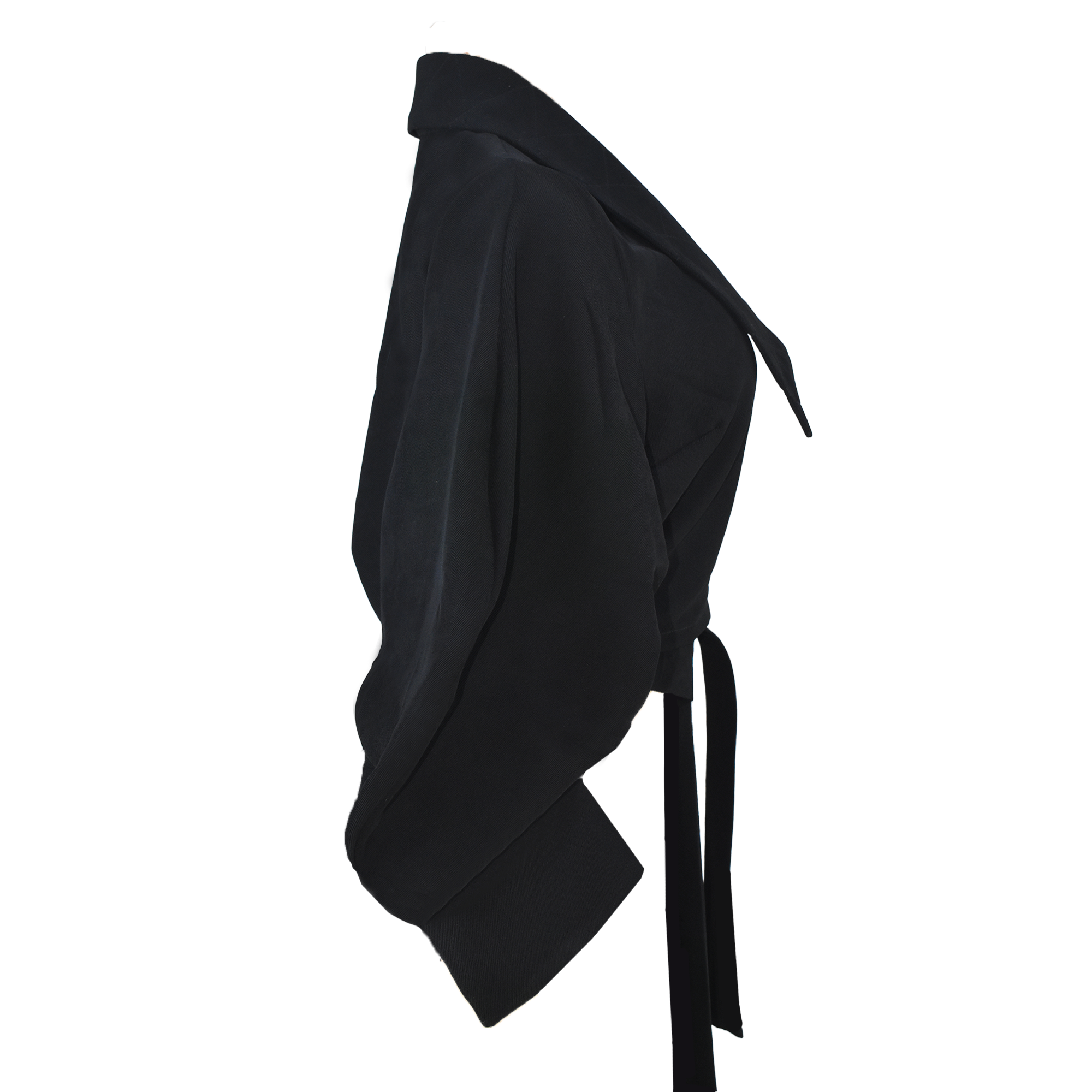 Black draped garment with a tie on a white background