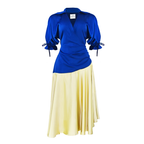 A dress with a Blue top and yellow skirt set on a white background