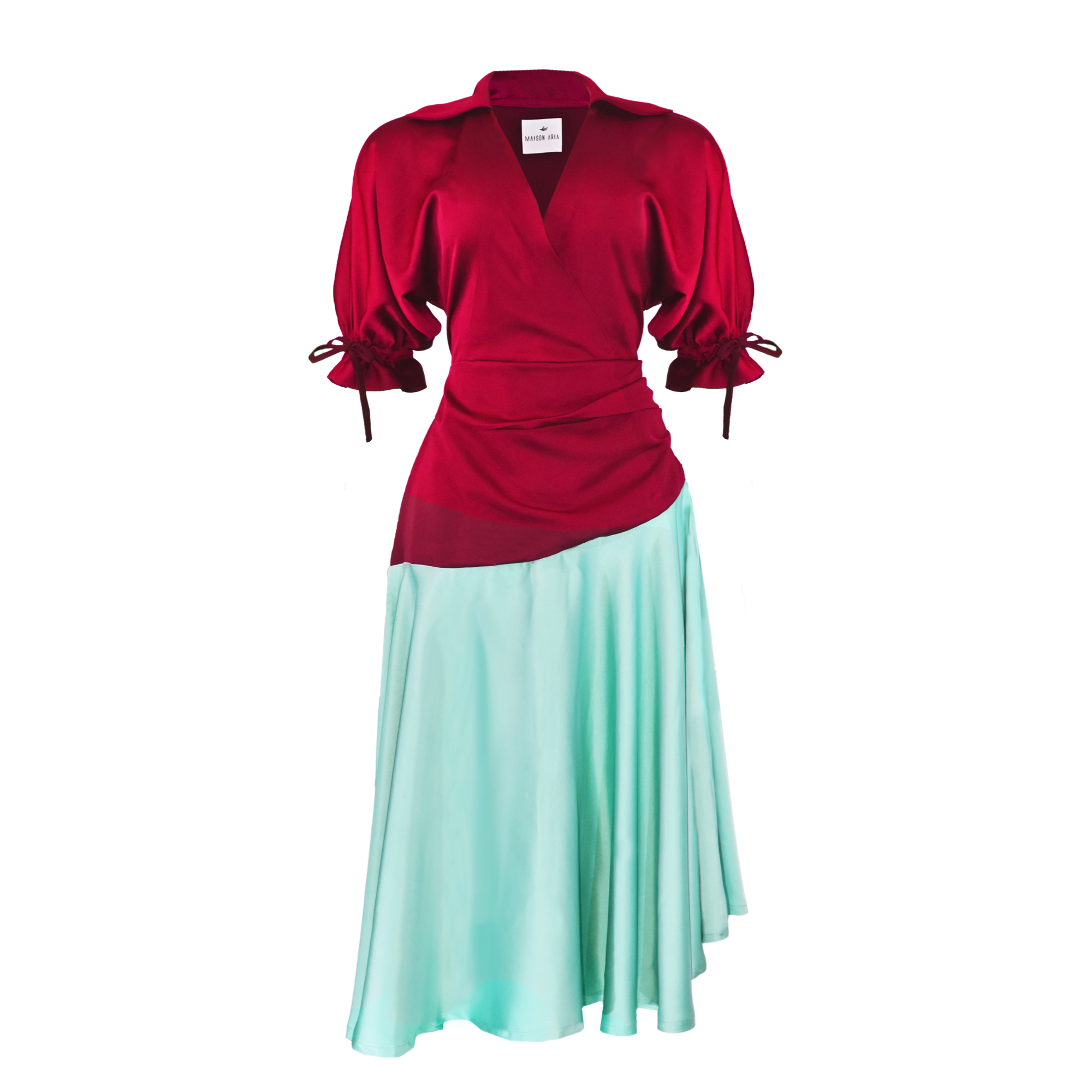 A Dress with a Red top and light green skirt set on a white background