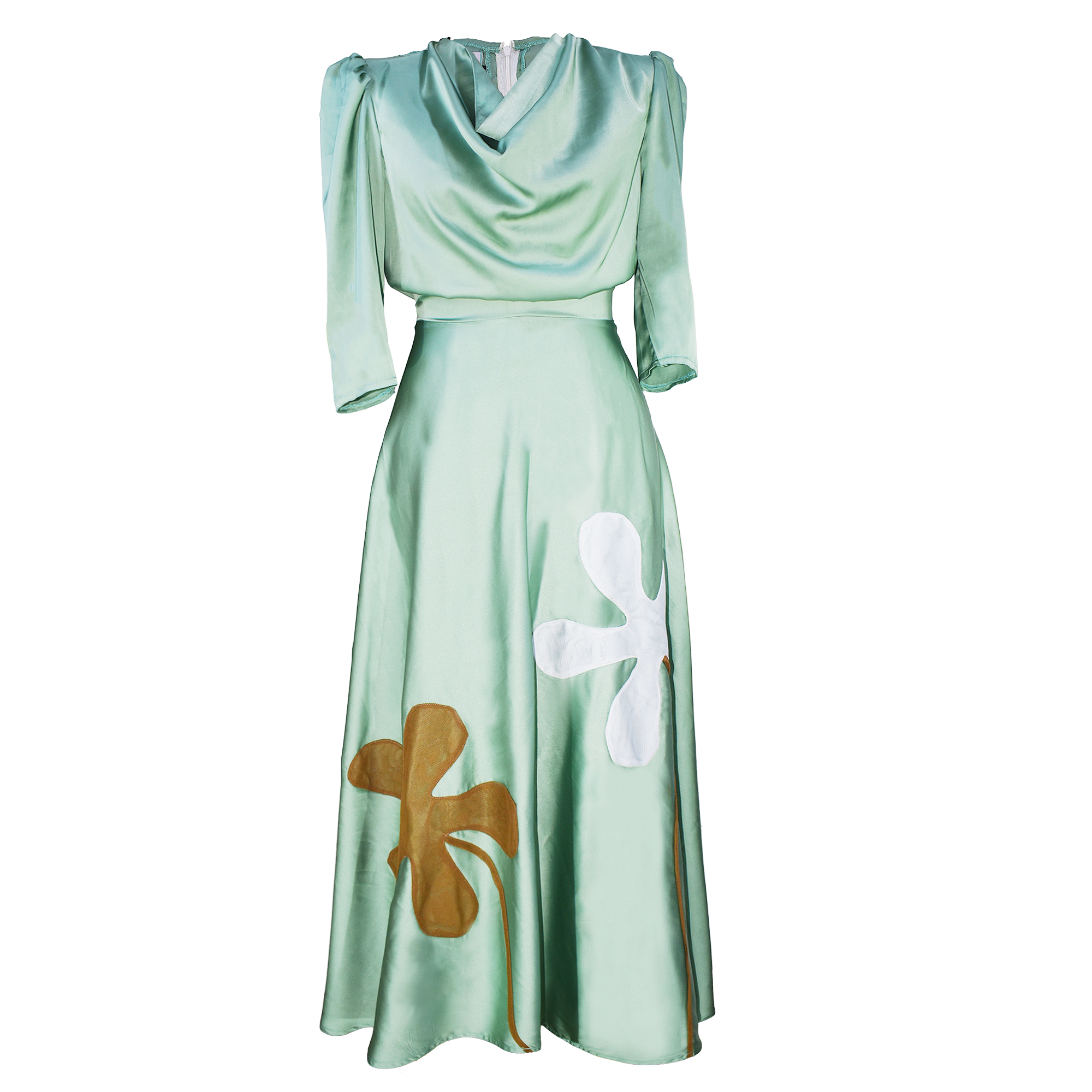 Mint green dress with floral designs on a white background