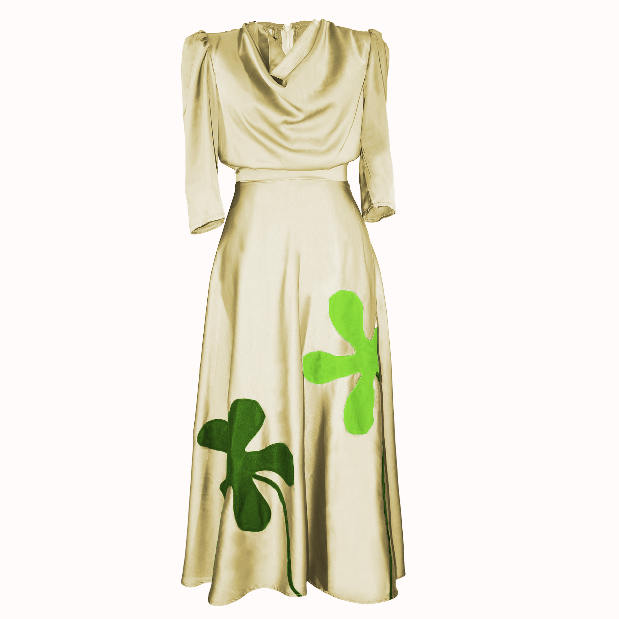 Beige dress with green floral patterns on a white background