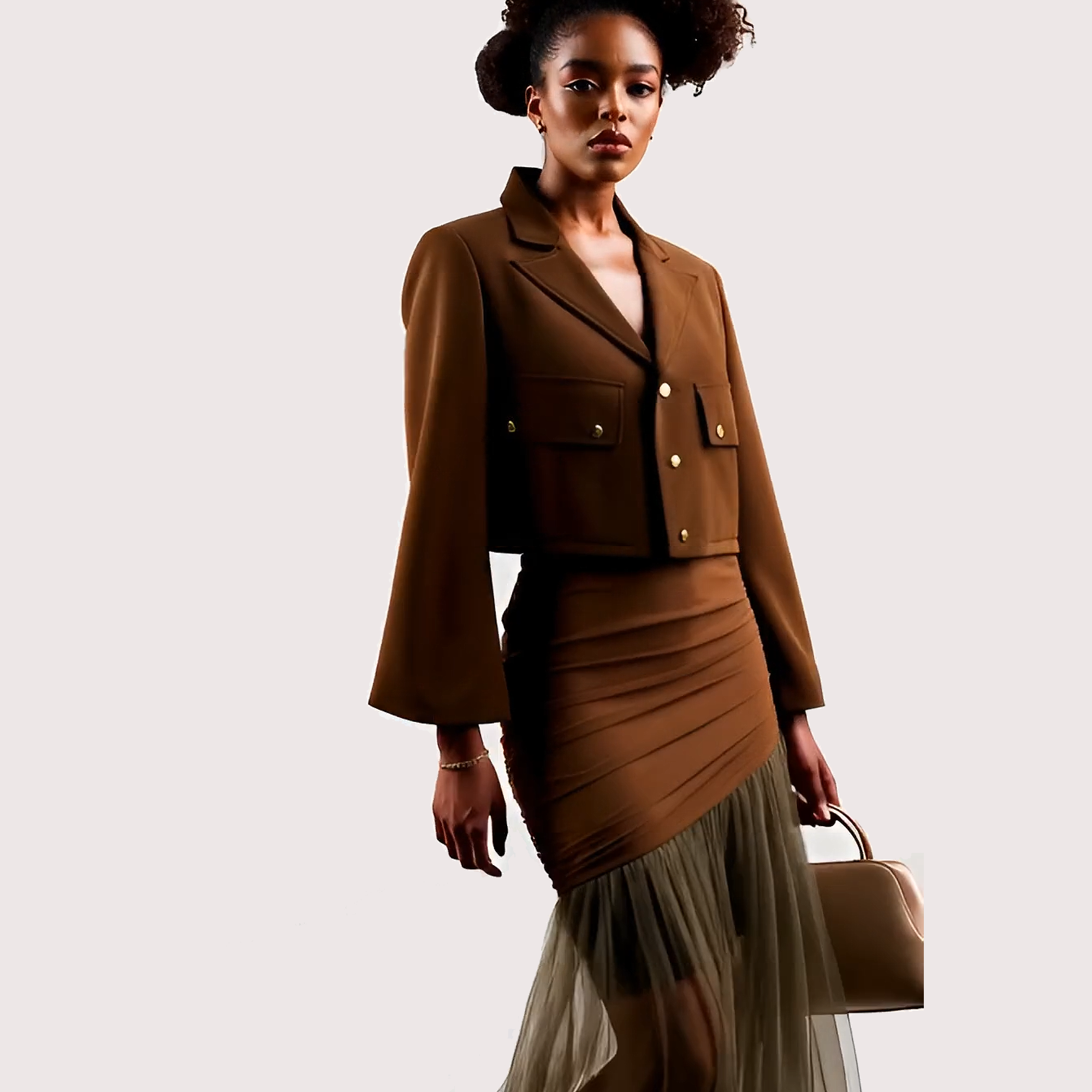 Woman wearing a brown outfit with a beige handbag on a white background
