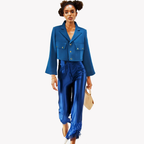 Woman wearing a blue outfit with a matching jacket and pants on a white background
