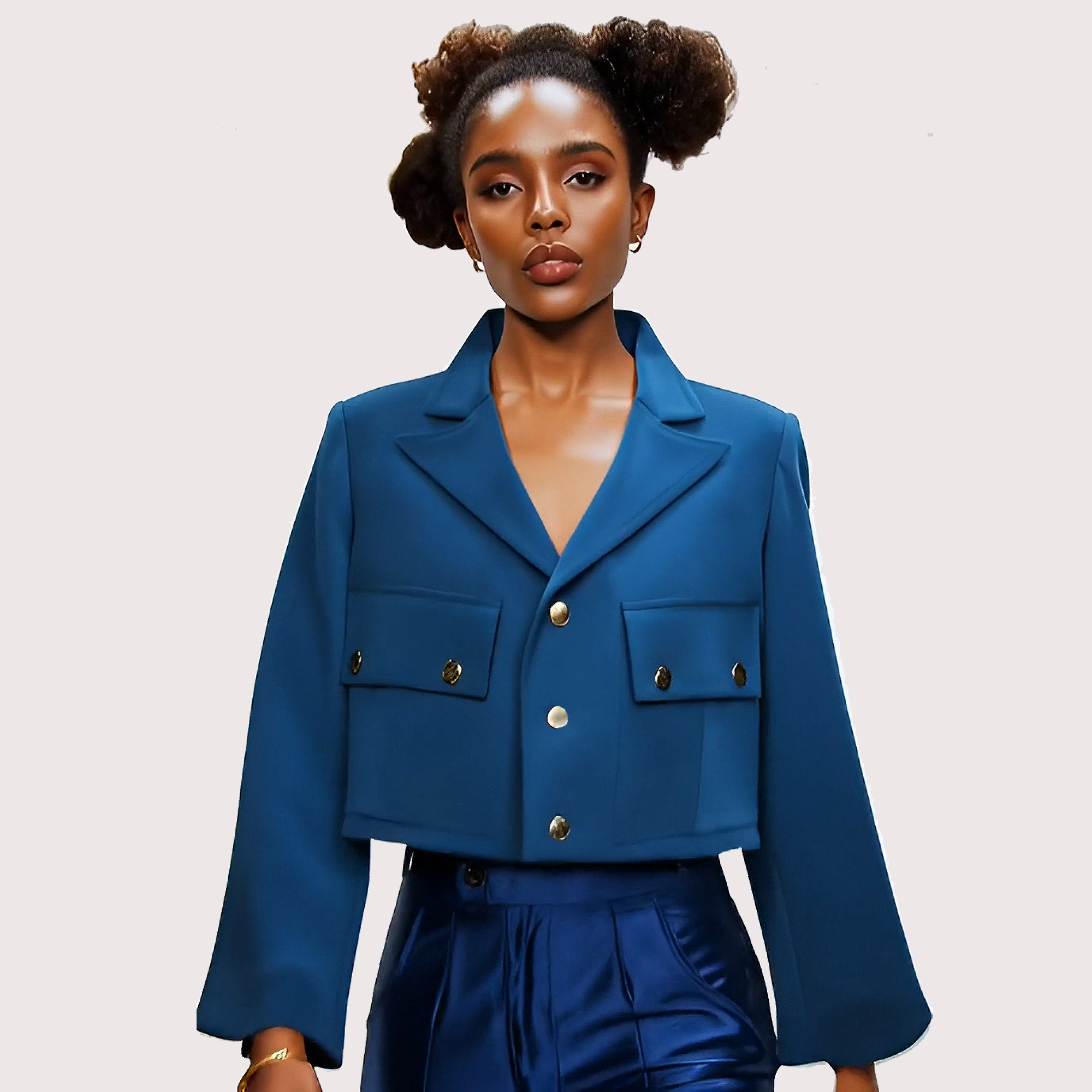 Woman wearing a blue jacket with gold buttons on a plain background