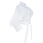 White bikini top with a tie detail on a white background