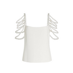 White top with pearl shoulder straps on a white background