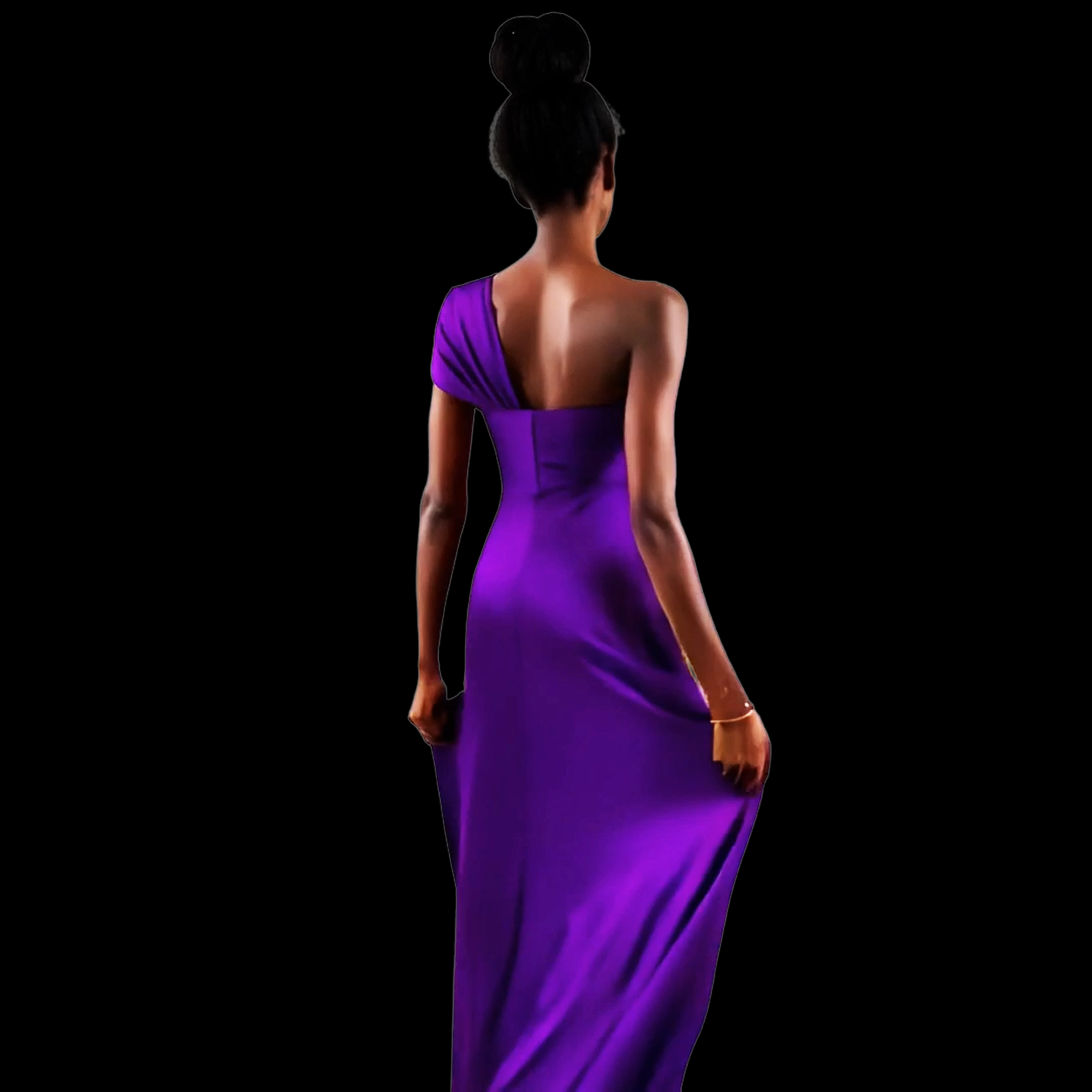 Woman wearing a purple one-shoulder gown against a black background