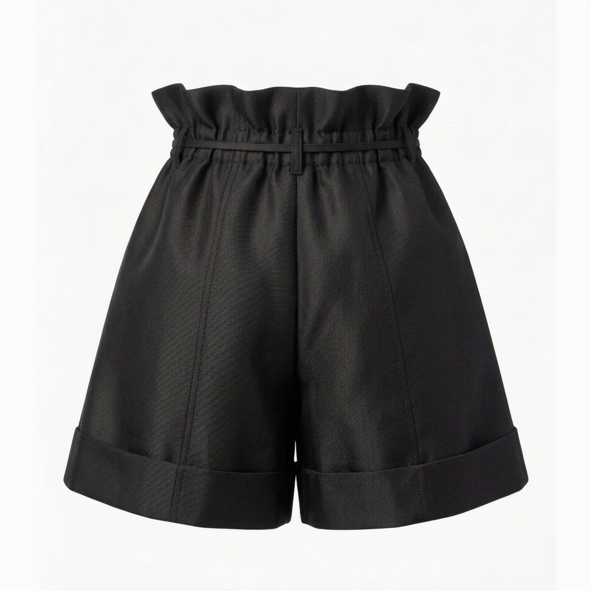 Black high-waisted shorts with a paperbag waistband and rolled cuffs, shown against a plain white background.
