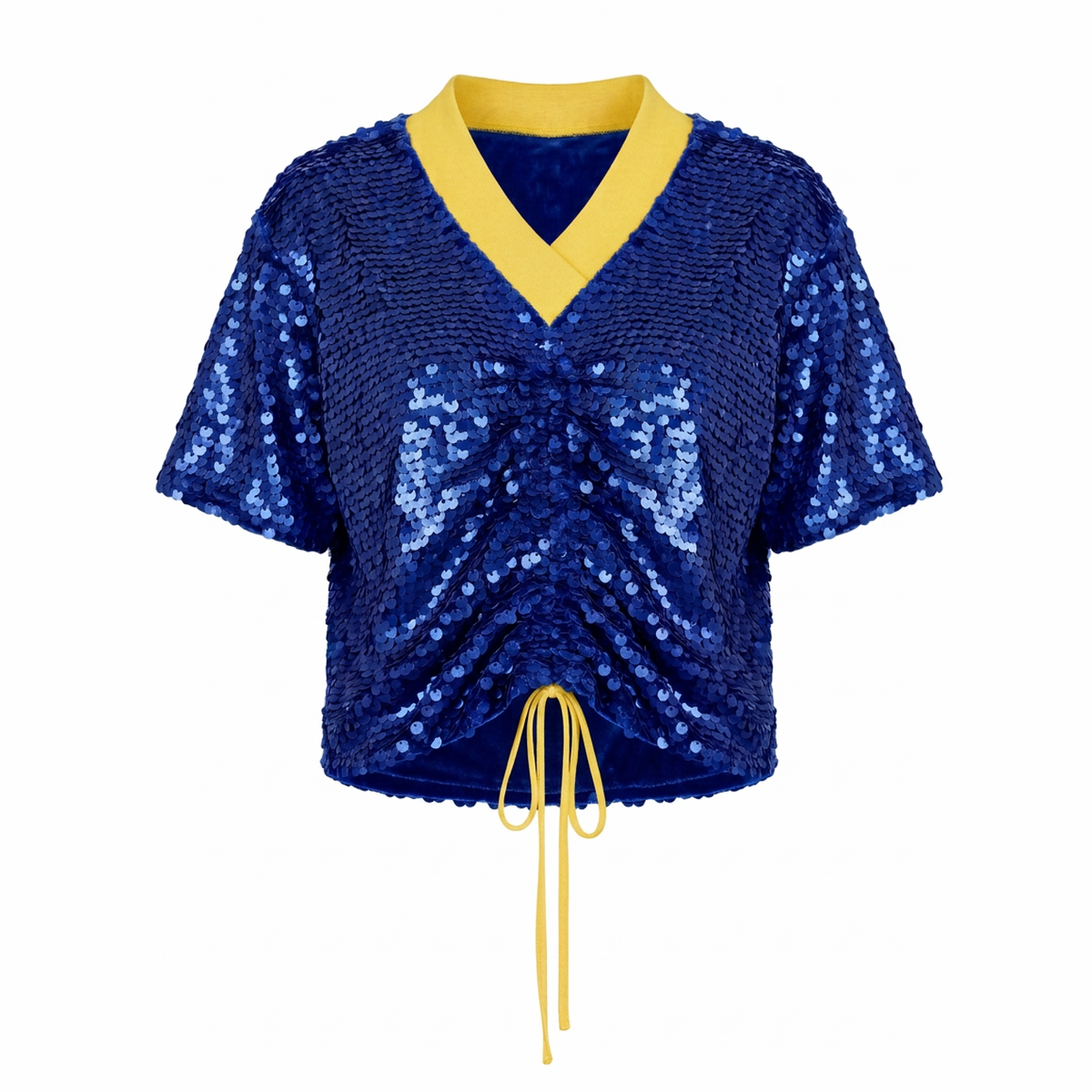 A royal blue sequined short-sleeve crop top with a yellow V-neck collar and matching yellow drawstring tie at the hem, shown on a plain white background.