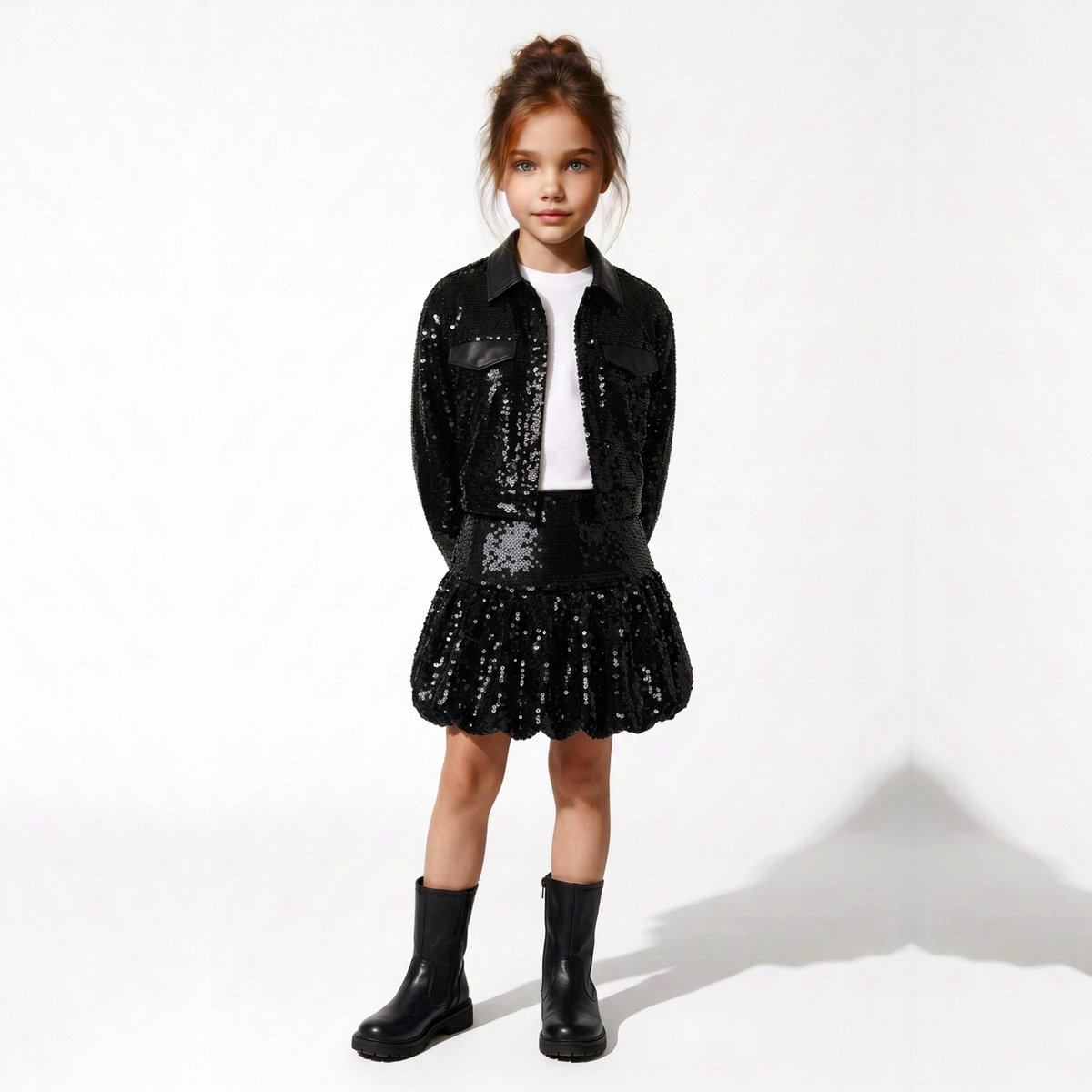 A young girl stands against a white studio background wearing a black sequined jacket and matching sequined pleated skirt over a white top, with black ankle boots.