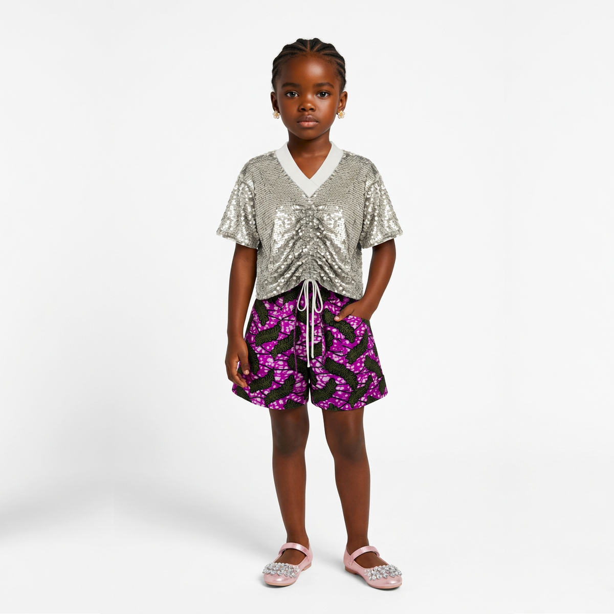 A young girl stands against a light gray studio background wearing a short-sleeve silver sequined top with a white V-neck and front tie detail, paired with black shorts featuring a purple and pink floral pattern, and pink sparkly flat shoes.