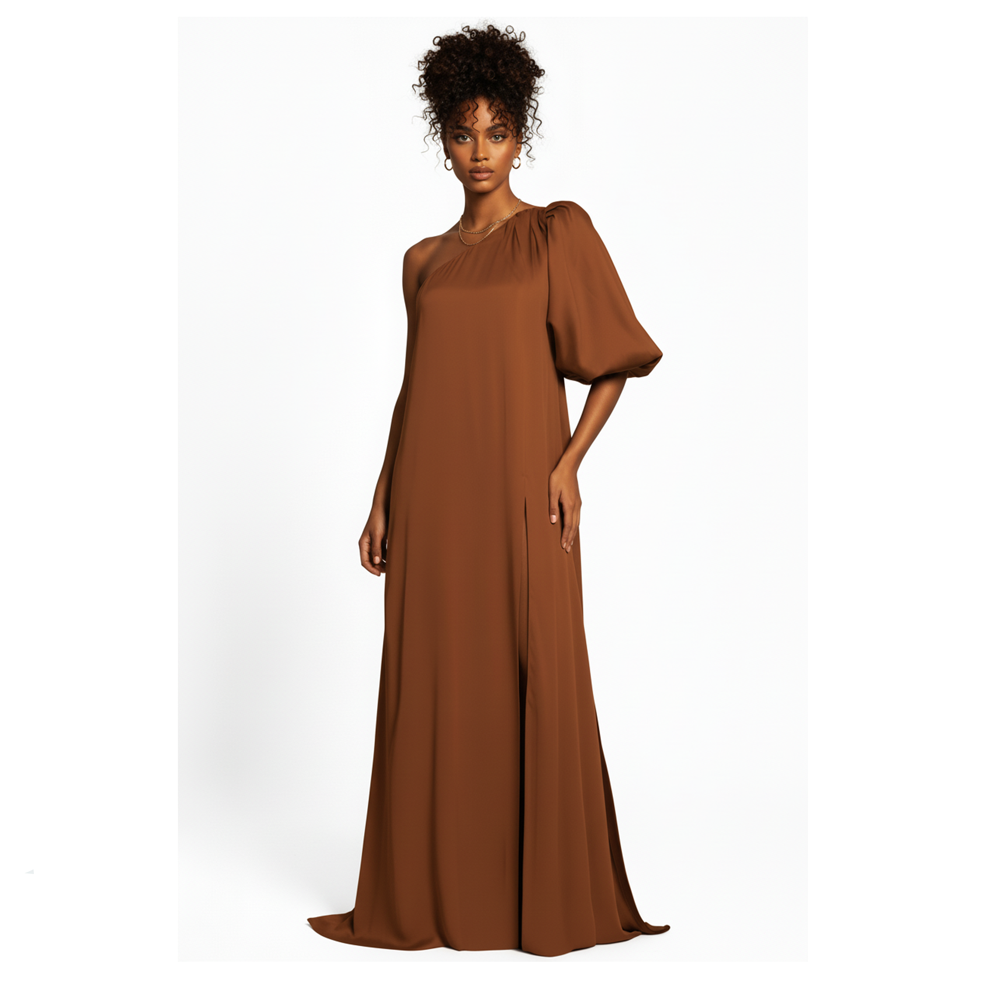 Woman wearing a brown dress on a white background