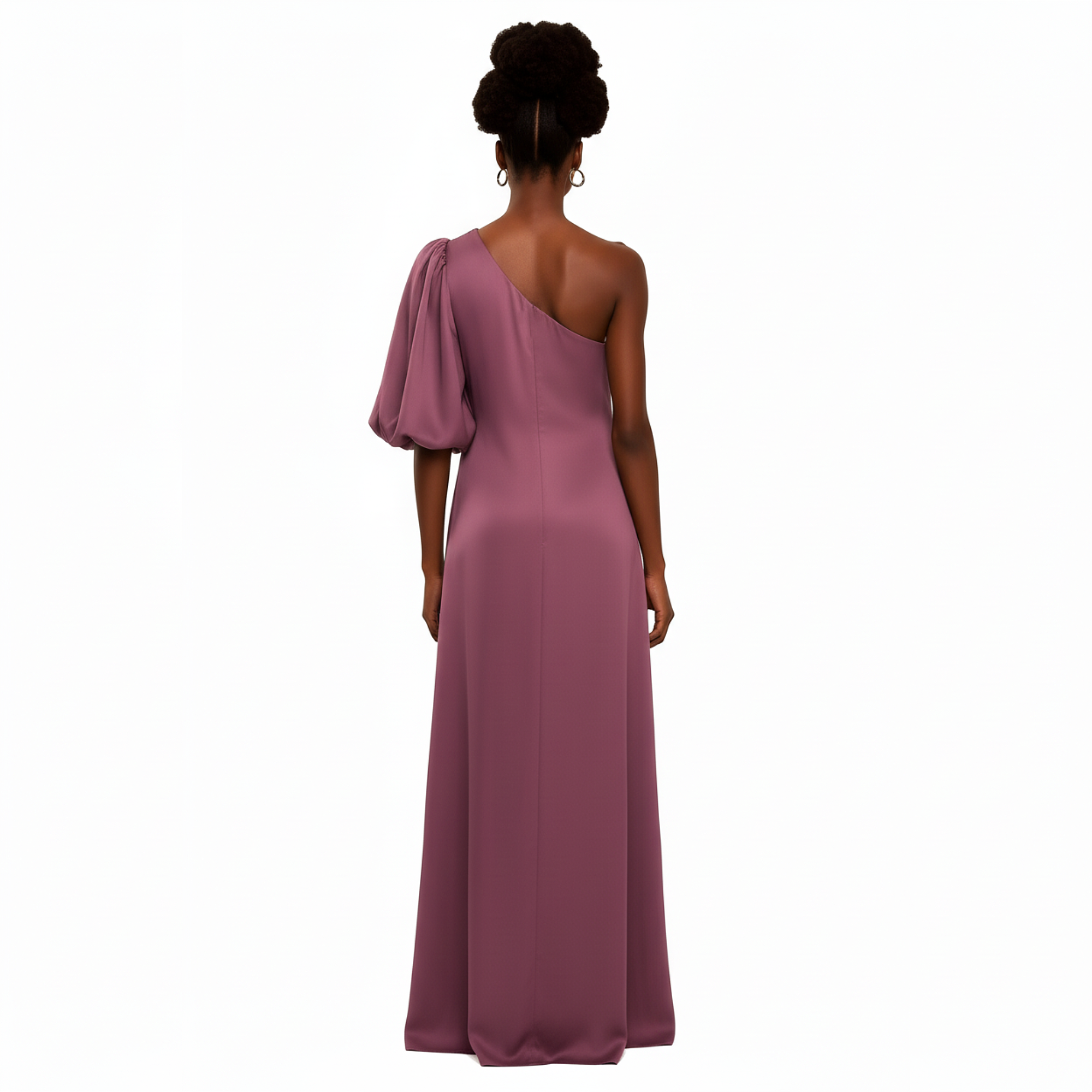 Woman wearing a one-shoulder purple gown on a white background