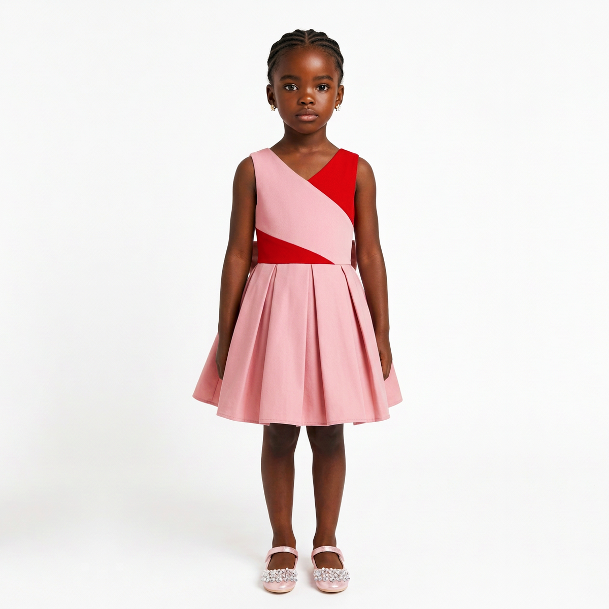 A young girl stands against a plain white studio background wearing a sleeveless color-block dress with a pink pleated skirt and a red and pink wrap-style bodice.