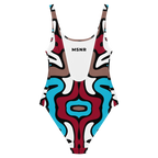 Colorful swimsuit with abstract design and 'MSNR' branding on a white background