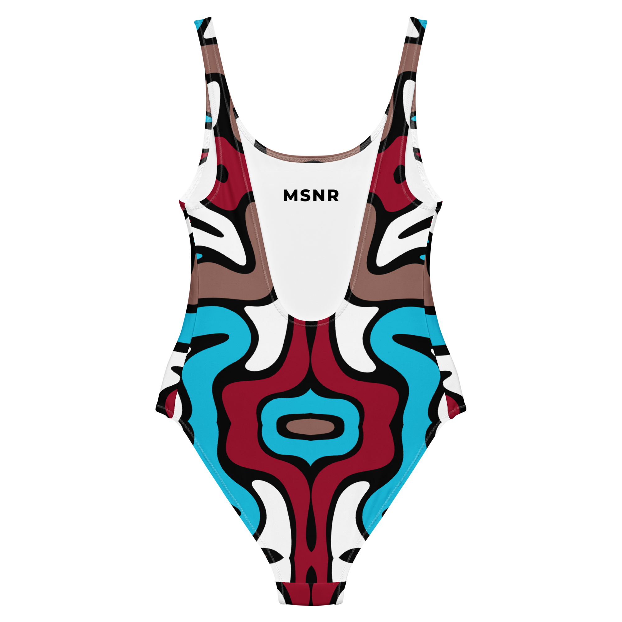 Colorful swimsuit with abstract design and 'MSNR' branding on a white background