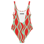 Red and green wavy patterned swimsuit with 'MSNR' branding on a white background