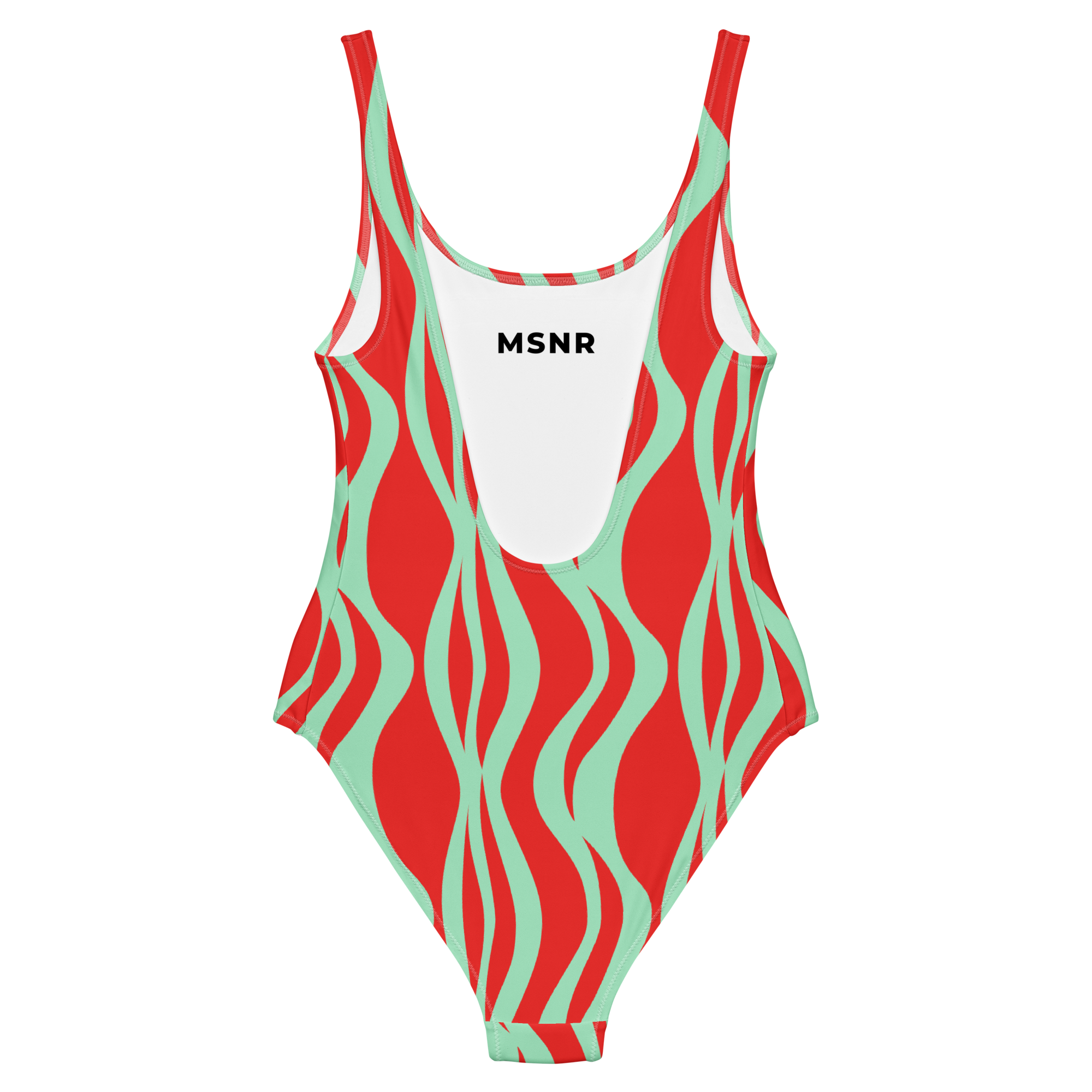Red and green wavy patterned swimsuit with 'MSNR' branding on a white background