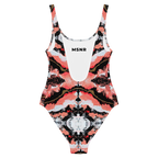 Multicolored swimsuit with 'MSNR' branding on a white background