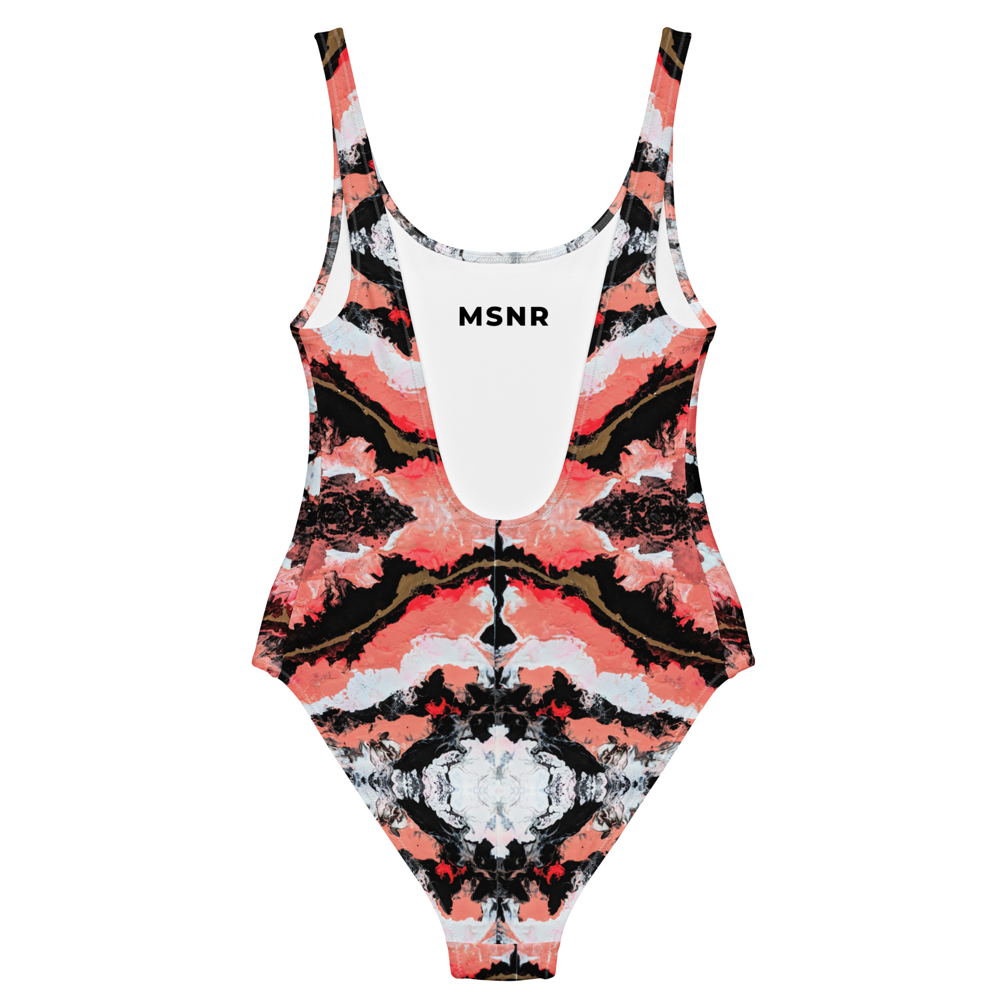 Multicolored swimsuit with 'MSNR' branding on a white background