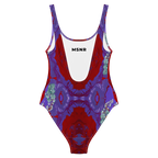 Multicolored swimsuit with 'MSNR' branding on a white background