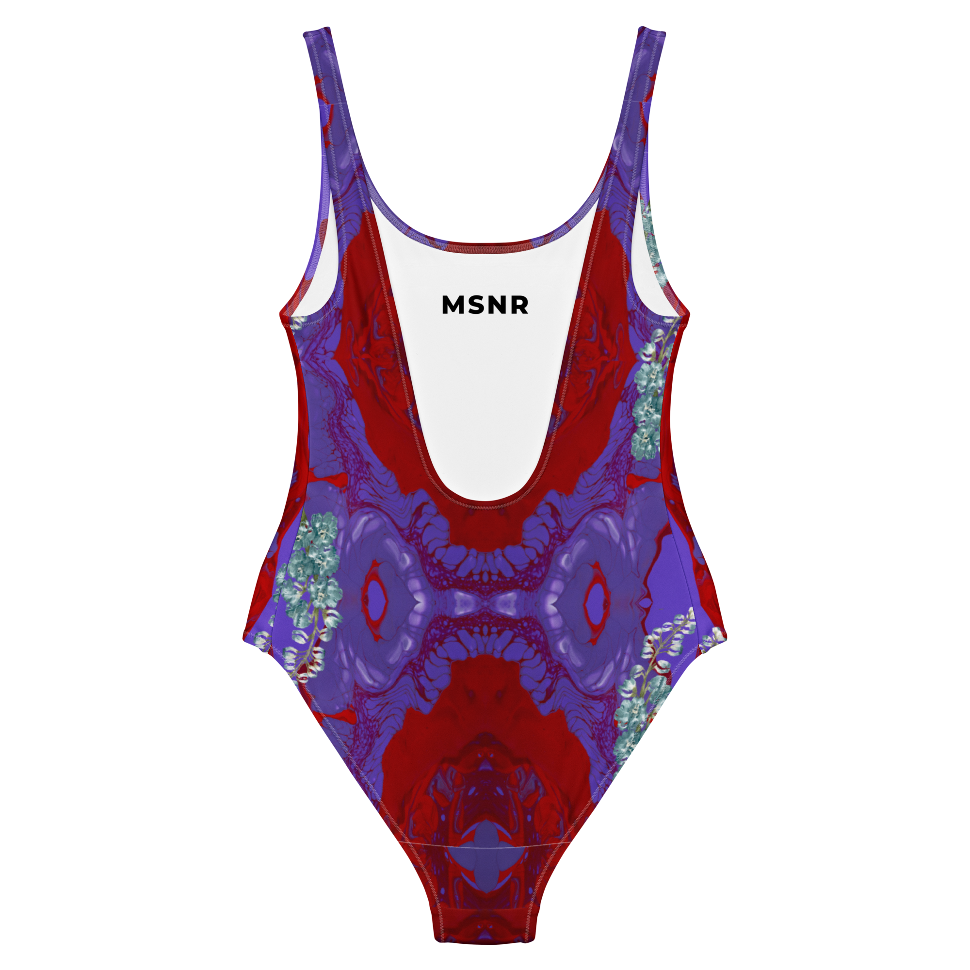 Multicolored swimsuit with 'MSNR' branding on a white background