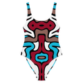 Colorful abstract-patterned swimsuit on a white background