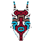 Colorful abstract-patterned swimsuit on a white background