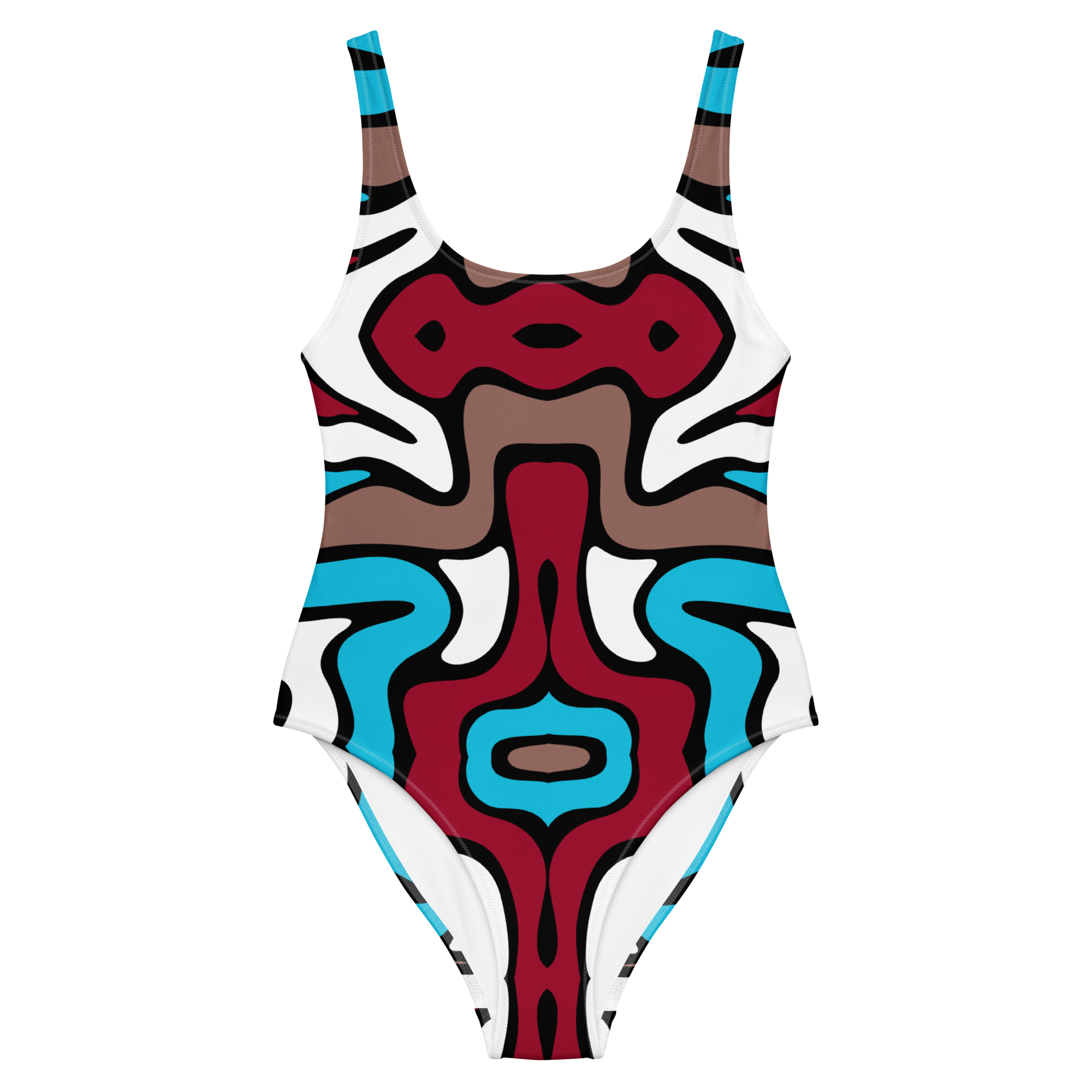 Colorful abstract-patterned swimsuit on a white background