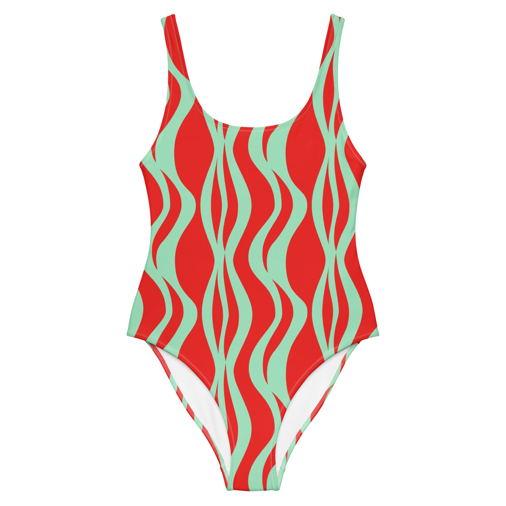 Red and green wavy patterned swimsuit on a white background