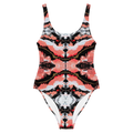 One-piece swimsuit with a colorful abstract pattern on a white background
