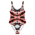 One-piece swimsuit with a colorful abstract pattern on a white background