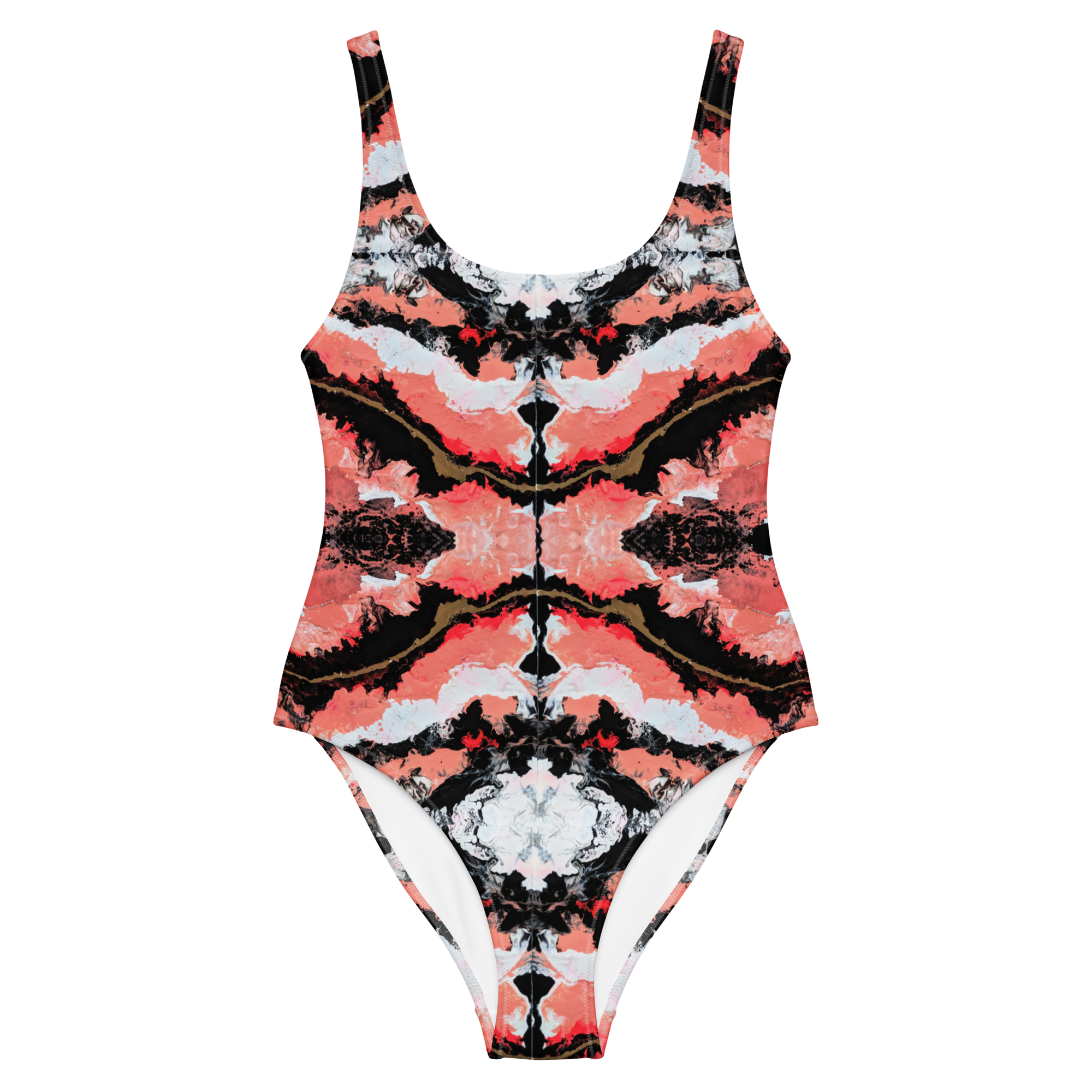 One-piece swimsuit with a colorful abstract pattern on a white background