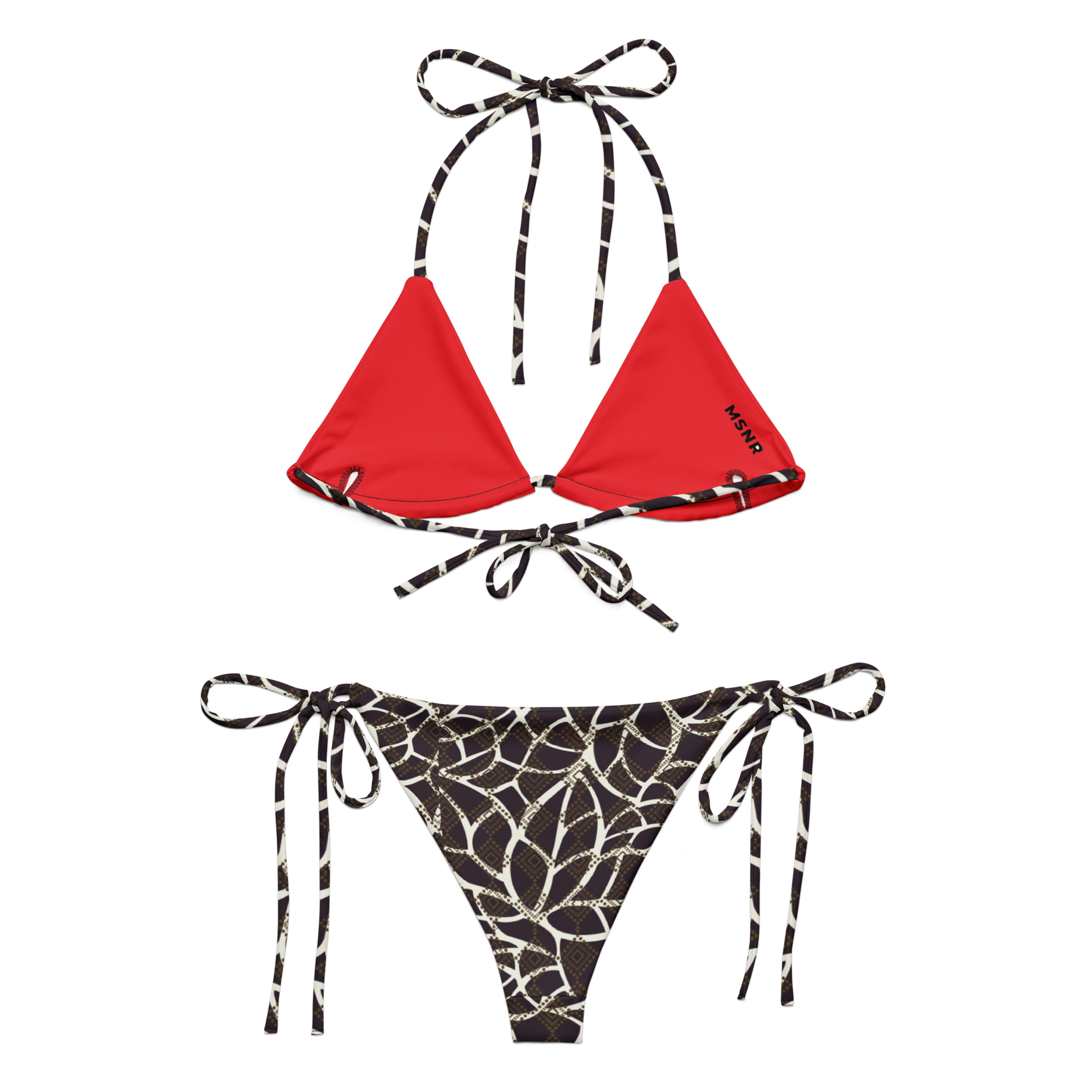 Red bikini top and black and white patterned bottom on a white background