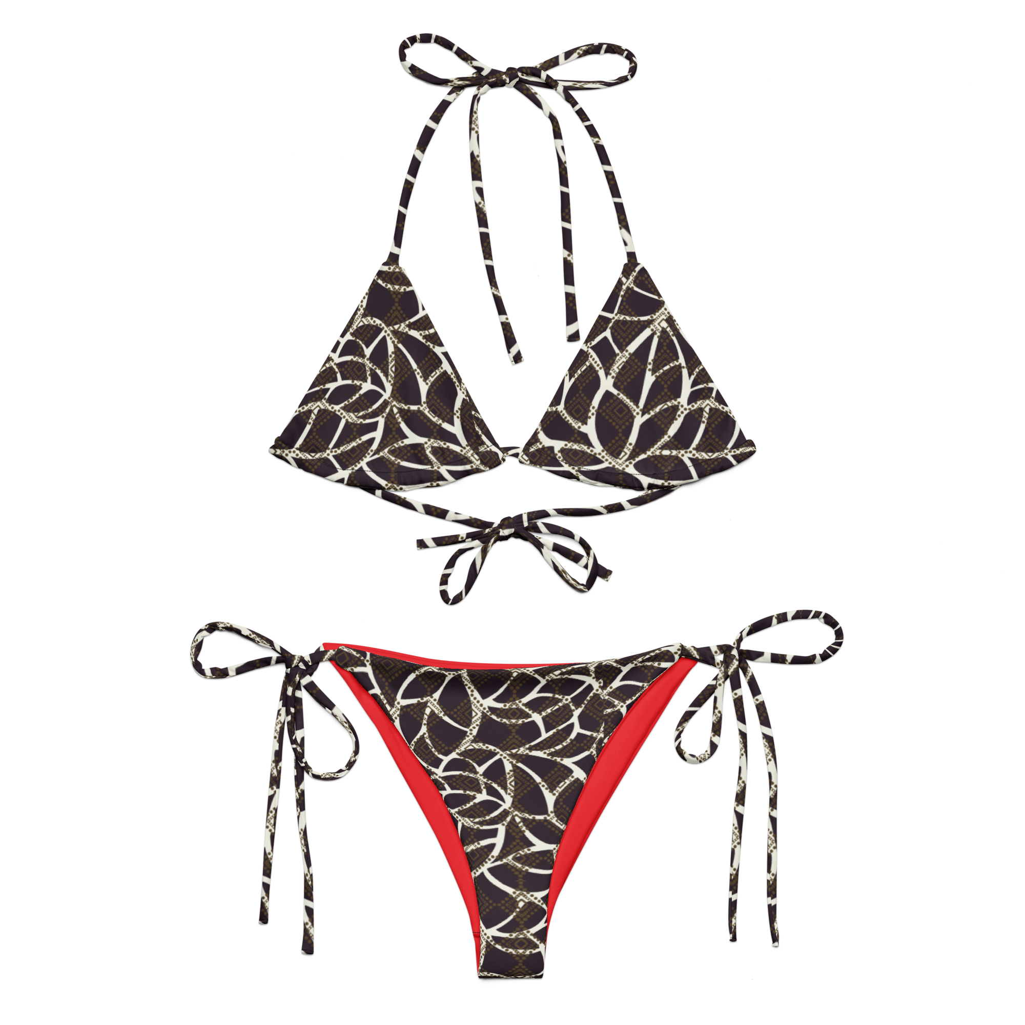 Black and red patterned bikini set on a white background