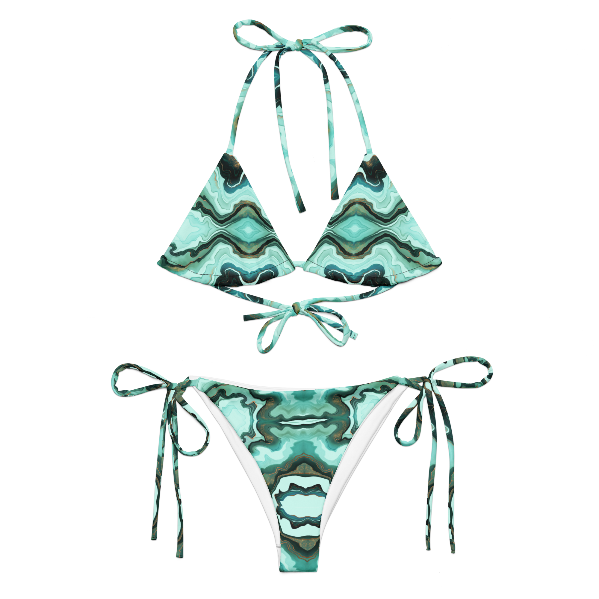 Green and black patterned bikini set on a white background