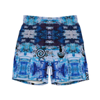 Blue patterned shorts with a central design on a white background
