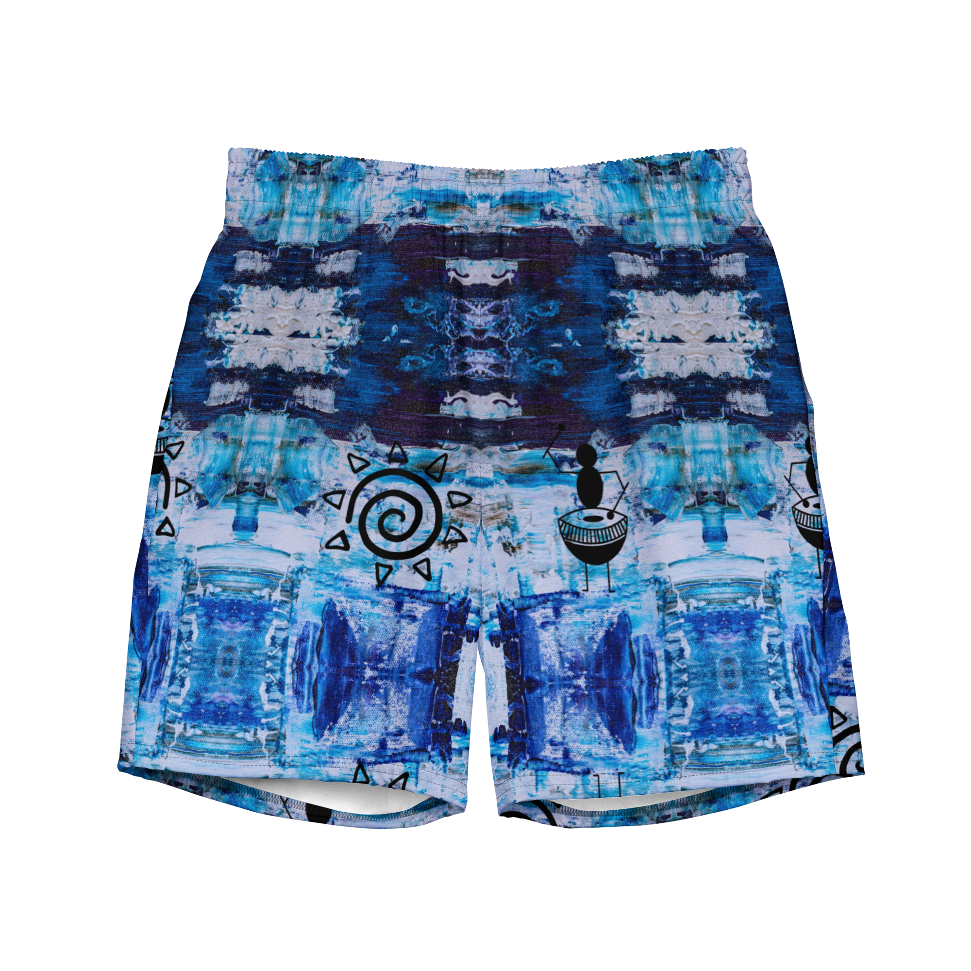 Blue patterned shorts with a central design on a white background