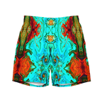 Colorful abstract patterned shorts on a white background