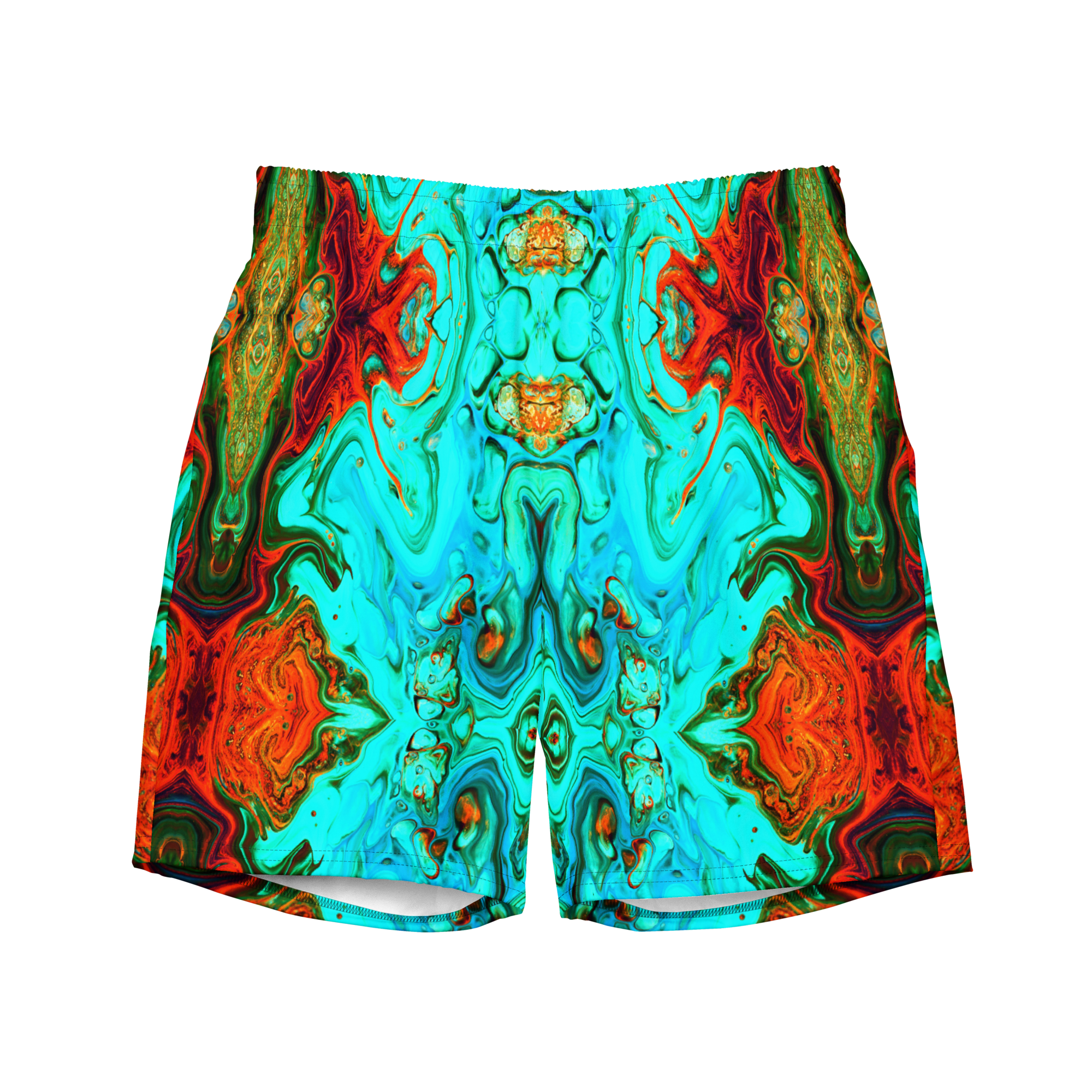 Colorful abstract patterned shorts on a white background