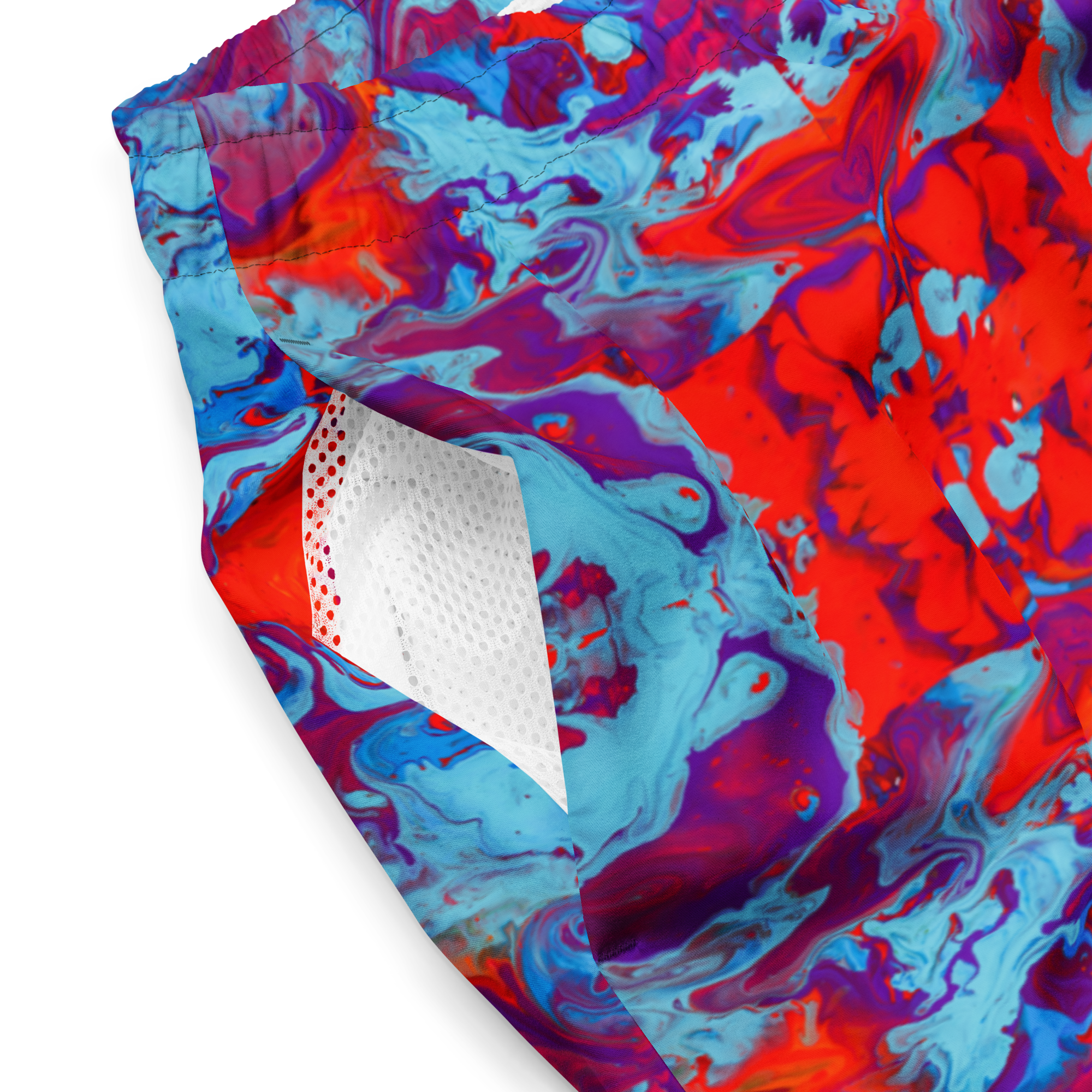 Colorful abstract patterned fabric with a white mesh backing