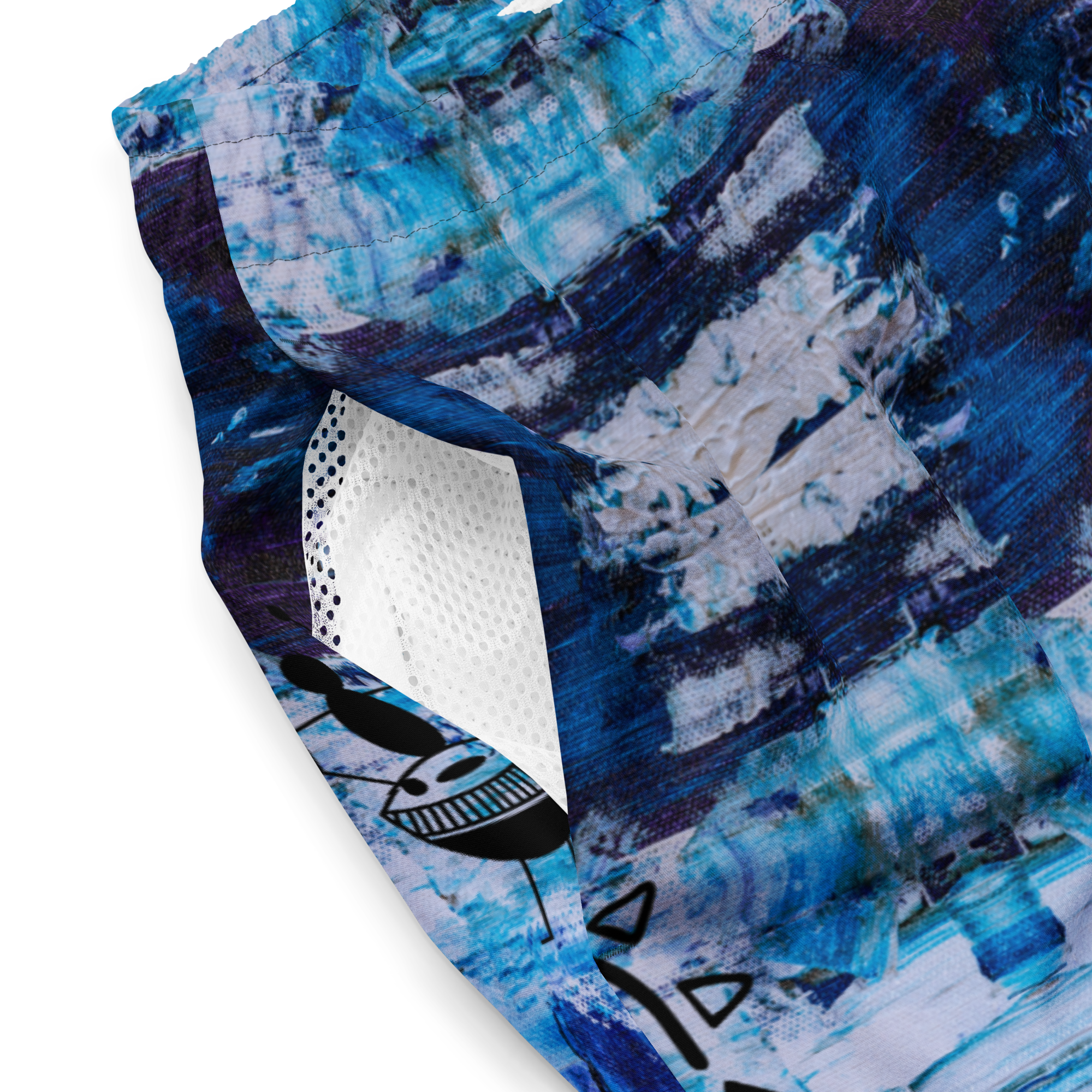 Blue and white abstract patterned fabric with a textured surface