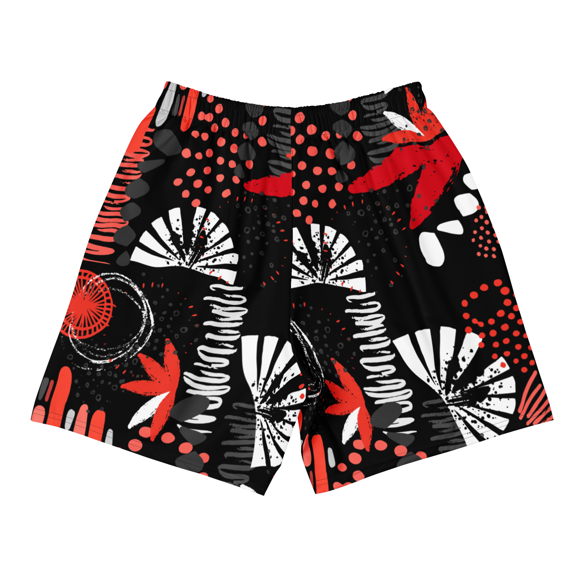 Shorts with a red, black, and white abstract pattern on a white background